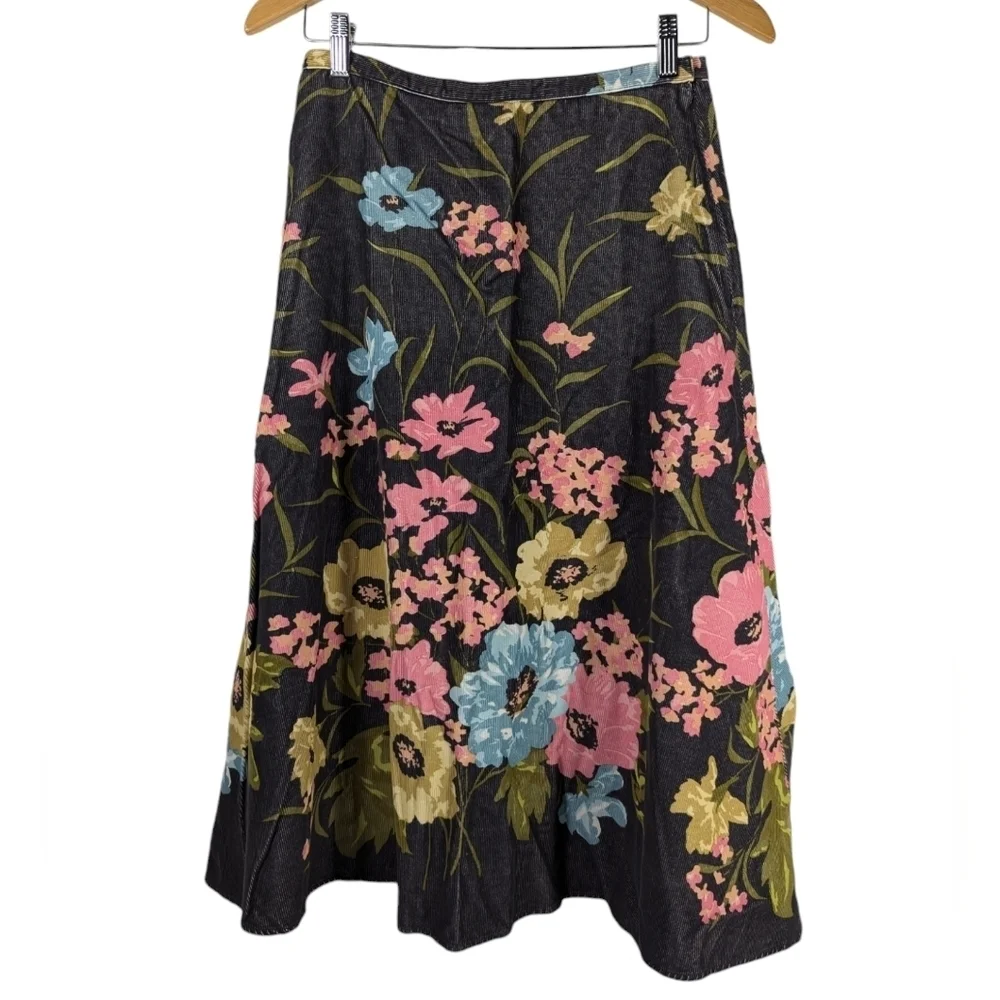 Y2K Anne Klein Floral Corduroy Cotton A-Line Full Charcoal Midi Skirt Size 4